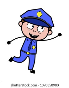 Jumping for Catch - Retro Cop Policeman Vector Illustration