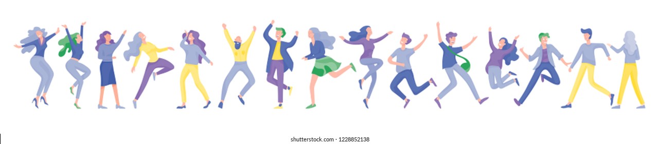 Jumping character in various poses. Group of young joyful laughing people jumping with raised hands. Happy positive young men and women rejoicing together, happiness, freedom, motion people concept.