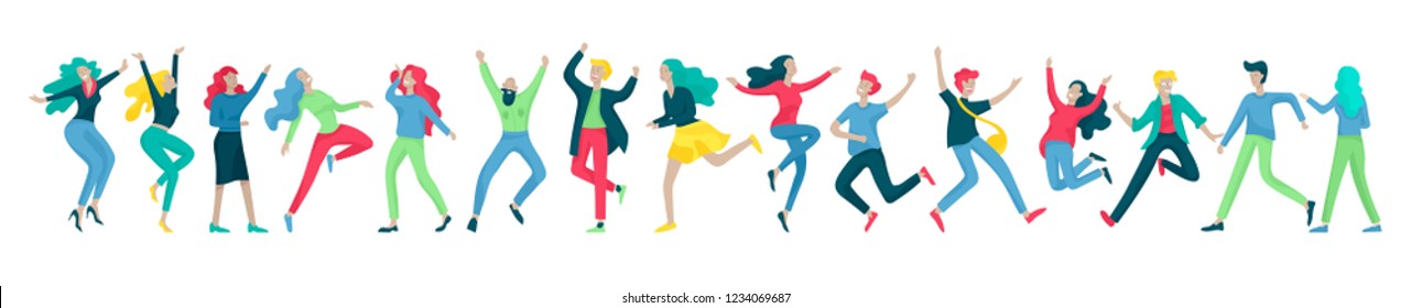 Jumping character in various poses. Group of young joyful laughing people jumping with raised hands. Happy positive young men and women rejoicing together, happiness, freedom, motion people concept.