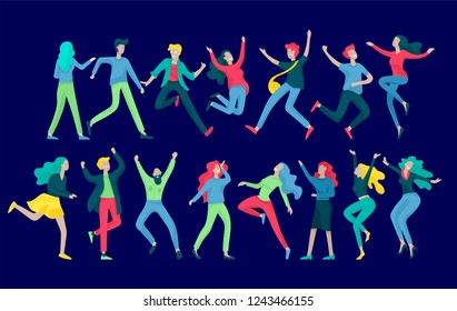 Jumping character in various poses. Group of young joyful laughing people jumping with raised hands. Happy positive young men and women rejoicing together, happiness, freedom, motion people concept.