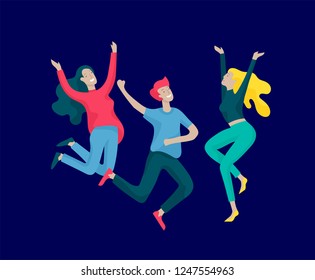 Jumping character in various poses. Group of young joyful laughing people jumping with raised hands. Happy positive young men and women rejoicing together, happiness, freedom, motion people concept.