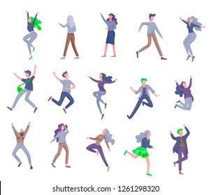 Jumping character in various poses. Group of young joyful laughing people jumping with raised hands. Happy positive young men and women rejoicing together, happiness, freedom, motion people concept.