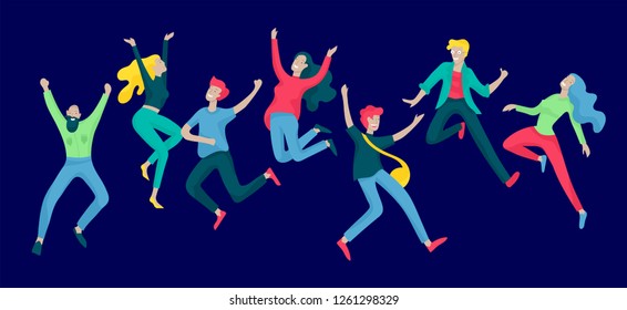 Jumping character in various poses. Group of young joyful laughing people jumping with raised hands. Happy positive young men and women rejoicing together, happiness, freedom, motion people concept.