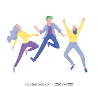 Jumping character in various poses. Group of young joyful laughing people jumping with raised hands. Happy positive young men and women rejoicing together, happiness, freedom, motion people concept.