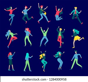 Jumping character in various poses. Group of young joyful laughing people jumping with raised hands. Happy positive young men and women rejoicing together, happiness, freedom, motion people concept.