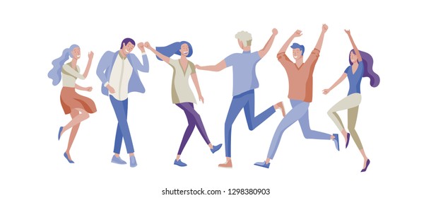 Jumping character in various poses. Group of young joyful laughing people jumping with raised hands. Happy positive young men and women rejoicing together, happiness, freedom, motion people concept.