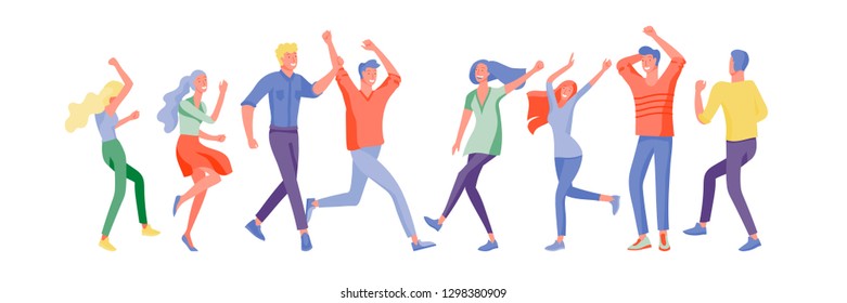Jumping character in various poses. Group of young joyful laughing people jumping with raised hands. Happy positive young men and women rejoicing together, happiness, freedom, motion people concept.