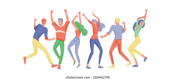Jumping character in various poses. Group of young joyful laughing people jumping with raised hands. Happy positive young men and women rejoicing together, happiness, freedom, motion people concept.