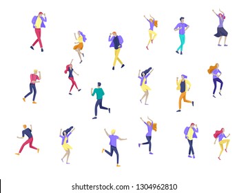 Jumping character in various poses. Group of young joyful laughing people jumping with raised hands. Happy positive young men and women rejoicing together, happiness, freedom, motion people concept. Jumping character in various poses. Group of young joyful laughing people jumping with raised hands. Happy positive young men and women rejoicing together, happiness, freedom, motion people concept.