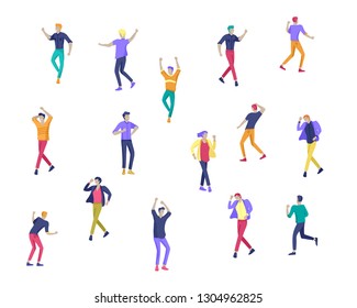 Jumping character in various poses. Group of young joyful laughing people jumping with raised hands. Happy positive young men and women rejoicing together, happiness, freedom, motion people concept.
