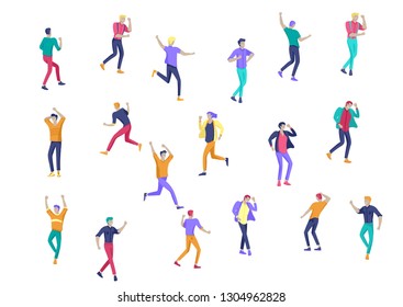 Jumping character in various poses. Group of young joyful laughing people jumping with raised hands. Happy positive young men and women rejoicing together, happiness, freedom, motion people concept.