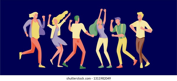 Jumping character in various poses. Group of young joyful laughing people jumping with raised hands. Happy positive young men and women rejoicing together, happiness, freedom, motion people concept.