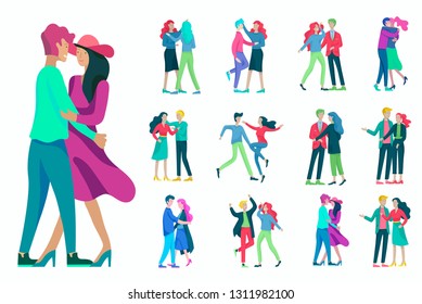 Jumping character in various poses. Group of young joyful laughing people jumping with raised hands. Happy positive young men and women rejoicing together, happiness, freedom, motion people concept.