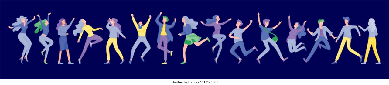 Jumping character in various poses. Group of young joyful laughing people jumping with raised hands. Happy positive young men and women rejoicing together, happiness, freedom, motion people concept.