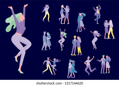 Jumping character in various poses. Group of young joyful laughing people jumping with raised hands. Happy positive young men and women rejoicing together, happiness, freedom, motion people concept.