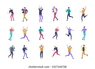 Jumping character in various poses. Group of young joyful laughing people jumping with raised hands. Happy positive young men and women rejoicing together, happiness, freedom, motion people concept.