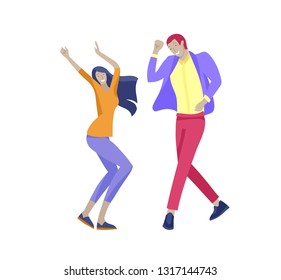 Jumping character in various poses. Group of young joyful laughing people jumping with raised hands. Happy positive young men and women rejoicing together, happiness, freedom, motion people concept.