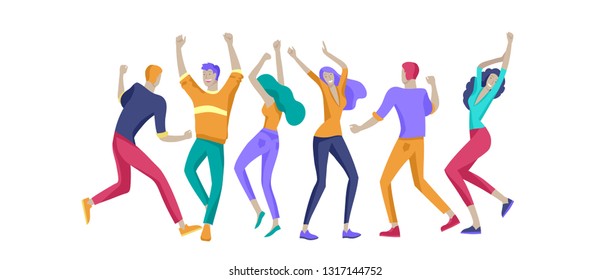Jumping character in various poses. Group of young joyful laughing people jumping with raised hands. Happy positive young men and women rejoicing together, happiness, freedom, motion people concept.