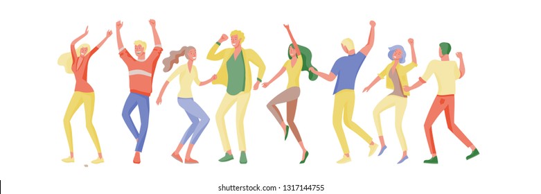 Jumping character in various poses. Group of young joyful laughing people jumping with raised hands. Happy positive young men and women rejoicing together, happiness, freedom, motion people concept.