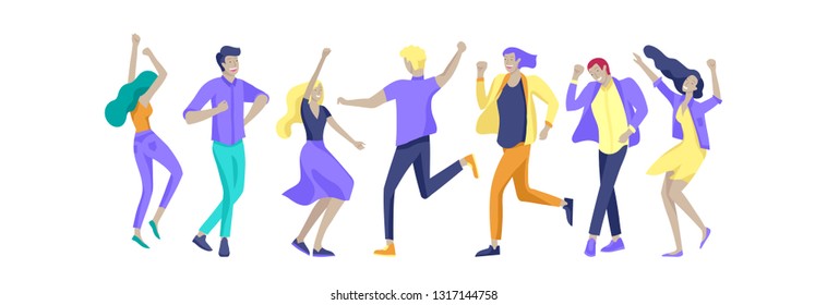 Jumping character in various poses. Group of young joyful laughing people jumping with raised hands. Happy positive young men and women rejoicing together, happiness, freedom, motion people concept.