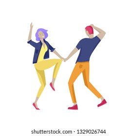 Jumping character in various poses. Group of young joyful laughing people jumping with raised hands. Happy positive young men and women rejoicing together, happiness, freedom, motion people concept.