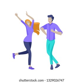 Jumping character in various poses. Group of young joyful laughing people jumping with raised hands. Happy positive young men and women rejoicing together, happiness, freedom, motion people concept.
