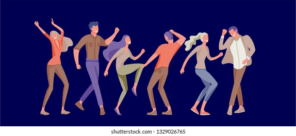 Jumping character in various poses. Group of young joyful laughing people jumping with raised hands. Happy positive young men and women rejoicing together, happiness, freedom, motion people concept.