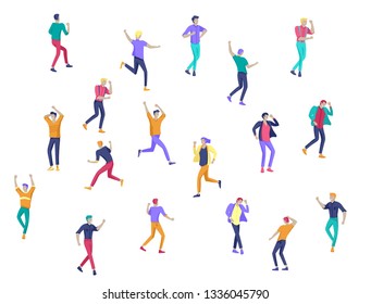 Jumping character in various poses. Group of young joyful laughing people jumping with raised hands. Happy positive young men and women rejoicing together, happiness, freedom, motion people concept.