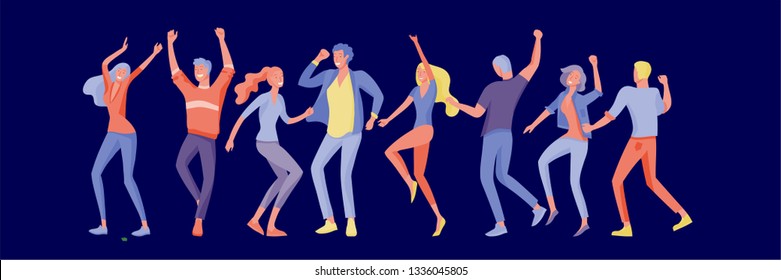 Jumping character in various poses. Group of young joyful laughing people jumping with raised hands. Happy positive young men and women rejoicing together, happiness, freedom, motion people concept.