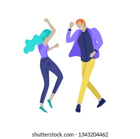 Jumping character in various poses. Group of young joyful laughing people jumping with raised hands. Happy positive young men and women rejoicing together, happiness, freedom, motion people concept.