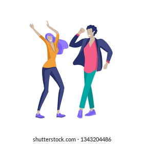 Jumping character in various poses. Group of young joyful laughing people jumping with raised hands. Happy positive young men and women rejoicing together, happiness, freedom, motion people concept.