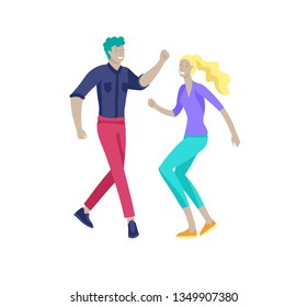 Jumping character in various poses. Group of young joyful laughing people jumping with raised hands. Happy positive young men and women rejoicing together, happiness, freedom, motion people concept.