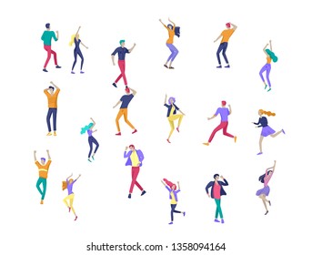 Jumping character in various poses. Group of young joyful laughing people jumping with raised hands. Happy positive young men and women rejoicing together, happiness, freedom, motion people concept.