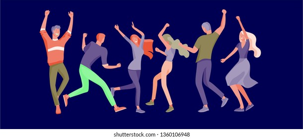 Jumping character in various poses. Group of young joyful laughing people jumping with raised hands. Happy positive young men and women rejoicing together, happiness, freedom, motion people concept.