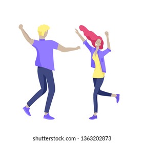 Jumping character in various poses. Group of young joyful laughing people jumping with raised hands. Happy positive young men and women rejoicing together, happiness, freedom, motion people concept.