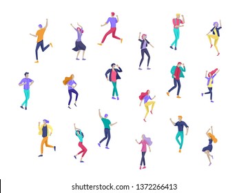 Jumping character in various poses. Group of young joyful laughing people jumping with raised hands. Happy positive young men and women rejoicing together, happiness, freedom, motion people concept.