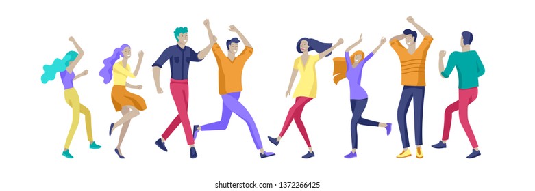 Jumping character in various poses. Group of young joyful laughing people jumping with raised hands. Happy positive young men and women rejoicing together, happiness, freedom, motion people concept.