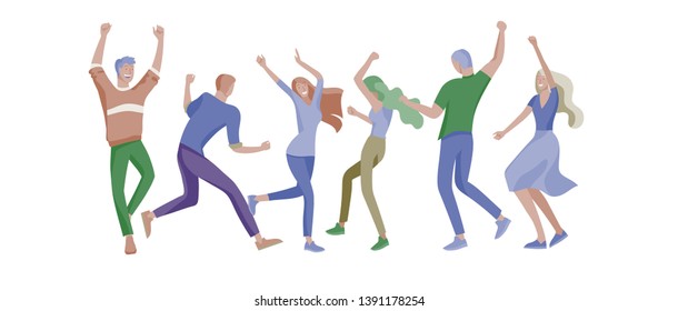Jumping character in various poses. Group of young joyful laughing people jumping with raised hands. Happy positive young men and women rejoicing together, happiness, freedom, motion people concept.
