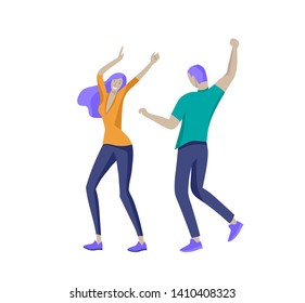 Jumping character in various poses. Group of young joyful laughing people jumping with raised hands. Happy positive young men and women rejoicing together, happiness, freedom, motion people concept.