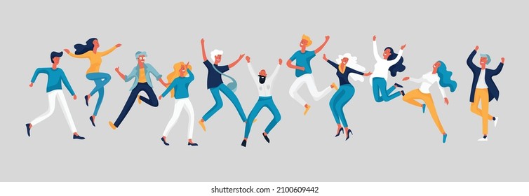 Jumping character in various poses. Group of young joyful laughing people jumping with raised hands. Happy positive young men and women