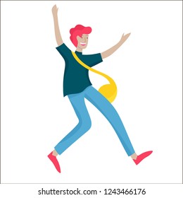 Jumping character in various poses. Happy positive young men rejoicing, happiness, freedom, motion people concept.