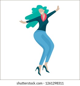 Jumping character in various poses. Happy positive young women rejoicing, happiness, freedom, motion people concept.