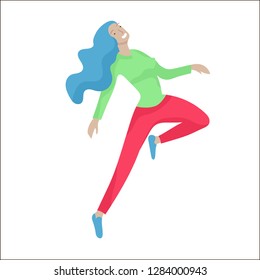 Jumping character in various poses. Happy positive young women rejoicing, happiness, freedom, motion people concept.