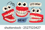 Jumping chattering Teeth set. Cute funny characters. Clockwork toy with eyes and teeth. Hand drawn trendy Vector illustration. Isolated design elements. Icon, poster, logo, print, sticker template