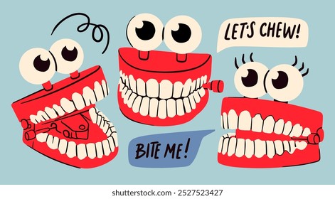 Jumping chattering Teeth set. Cute funny characters. Clockwork toy with eyes and teeth. Hand drawn trendy Vector illustration. Isolated design elements. Icon, poster, logo, print, sticker template