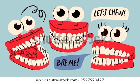 Jumping chattering Teeth set. Cute funny characters. Clockwork toy with eyes and teeth. Hand drawn trendy Vector illustration. Isolated design elements. Icon, poster, logo, print, sticker template