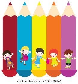 jumping children carrying bags with color pencils background