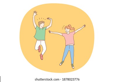 Jumping children, childhood, fun concept. Happy boy and girl brother sister kids or friends jumping together and having fun. Summertime fun leisure activity at weekend holiday illustration