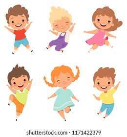 Jumping children. Cute surprised playing crazy happy kids male and female boys and girls vector cartoon characters. Female and male joy, young jumping illustration