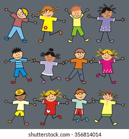 jumping children, group, vector illustration